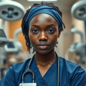 A nurse in scrubs at a busy London hospital that represents strength and hope AI-Generated Image