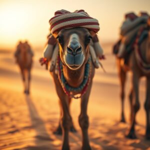 A vast Sahara desert landscape at dawn, showing camels with supplies and desert dunes under a soft sunrise glow - AI Generated Image

Featured Image Description:
A visually striking scene of the Sahara Desert at the break of dawn with camels standing beside supplies such as leather bags, water flasks, and textiles, ready for their journey across the desert - AI Generated Image

Featured Image Title:
Crossing the Sahara at Dawn with Camels - AI Image