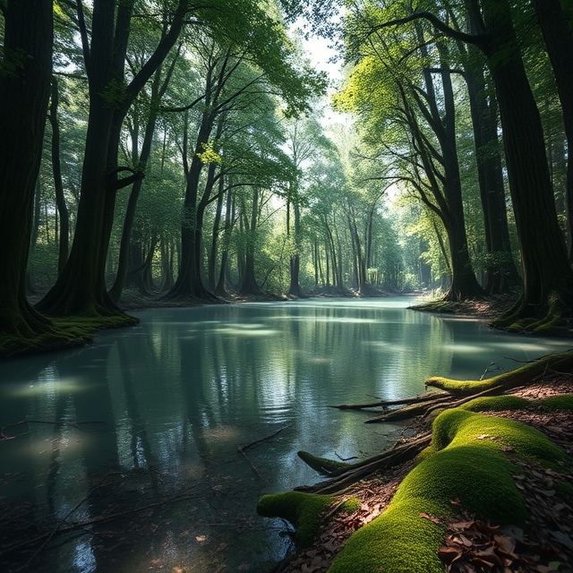 A peaceful lagoon encircled by dense forest with sunlight filtering through branches, casting patterns on the water and forest floor. AI Generated Image Featured Image Description: A scenic view of a mysterious lagoon, its water reflecting the surrounding dense forest and sunlight. The forest appears untouched and tranquil, with an eerie atmosphere enhanced by the interplay of light and shadows. Featured Image Title: The Hidden Lagoon Scene