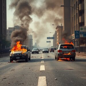 Burnt vehicles blocking roads illustrating the daring bank robbery in Ikorodu Lagos, showing destroyed cars and smoky roads, vivid escape scene - AI Generated Image

Featured Image Description:
A vivid depiction illustrating the aftermath of bank robbery in Ikorodu, Lagos. Burnt vehicles are shown blocking the roads, with plumes of smoke and debris highlighting the dramatic escape route used by the robbers. This iconic scene reflects the intensity and chaos of the heist.

Featured Image Title:
Ikorodu Bank Robbery Aftermath Scene Illustration