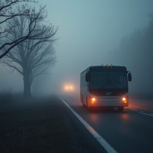 Foggy highway scene showing a bus parked at the roadside

Featured Image Description:
A fog-covered road with an old bus parked on the shoulder, representing the haunting Midnight Bus Mystery

Featured Image Title:
The Midnight Bus parked under foggy conditions