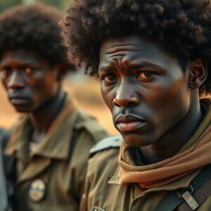 Soldiers during the Nigerian Civil War, showing military uniforms, civilian attire, and rural village settings with natural lighting - AI Generated Image

Featured Image Description:
A realistic depiction of soldiers in a rural Nigerian village setting during the Nigerian Civil War. Soldiers are shown in authentic military uniforms, while civilians wear period-accurate clothing. Facial expressions show fear, sorrow, and determination. The scene has natural outdoor lighting effects, depth, and soft bokeh in the background, emphasizing emotion and historical realism. AI Generated Image

Featured Image Title:
Soldiers in the Nigerian Civil War