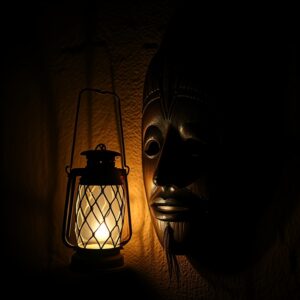 A minimalist Nigerian setting featuring culturally relevant objects like a traditional mask and lantern, reflecting the Ojuju legend's themes. AI Generated Image.

Featured Image Description:
A close-up scene showcasing symbolic items such as a traditional mask, a flickering lantern, and shadows hinting at folklore themes, set in a dimly lit Nigerian environment.

Featured Image Title:
Nigerian Folklore Scene