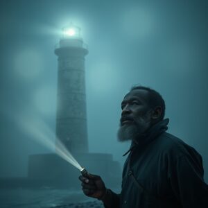 Oba Island lighthouse in misty weather with shadowy figures by the shore.

Featured Image Description:
The lighthouse on Oba Island stands tall amidst mist and eerie shadows by the shore.

Featured Image Title:
Oba Island Lighthouse Shrouded in Mist