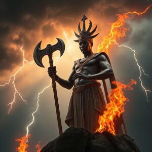 Illustration of Sango, the Yoruba god of thunder, with lightning and fire elements - AI Generated Image

Featured Image Description:
An artistic illustration showing the mythical representation of Sango, the Yoruba god of thunder, featuring lightning bolts, fire, and symbolic representations of his divine power - AI Generated Image

Featured Image Title:
Artistic depiction of Sango's mythical powers with lightning and fire - AI Image