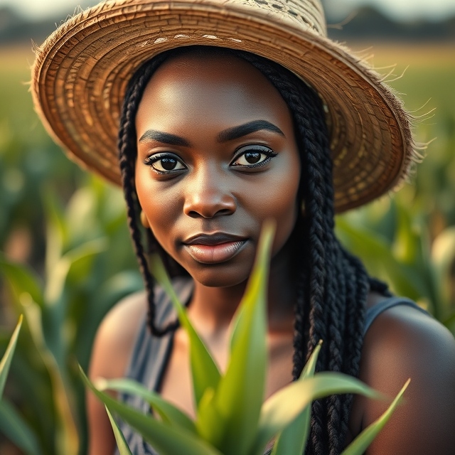 Nkechi planting crops on her sustainable farm in Alabama under bright natural light