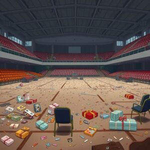 An illustration showing an empty venue with discarded items like toys and gifts, signifying the aftermath of the tragic Ibadan stampede. Image is digitally Created.